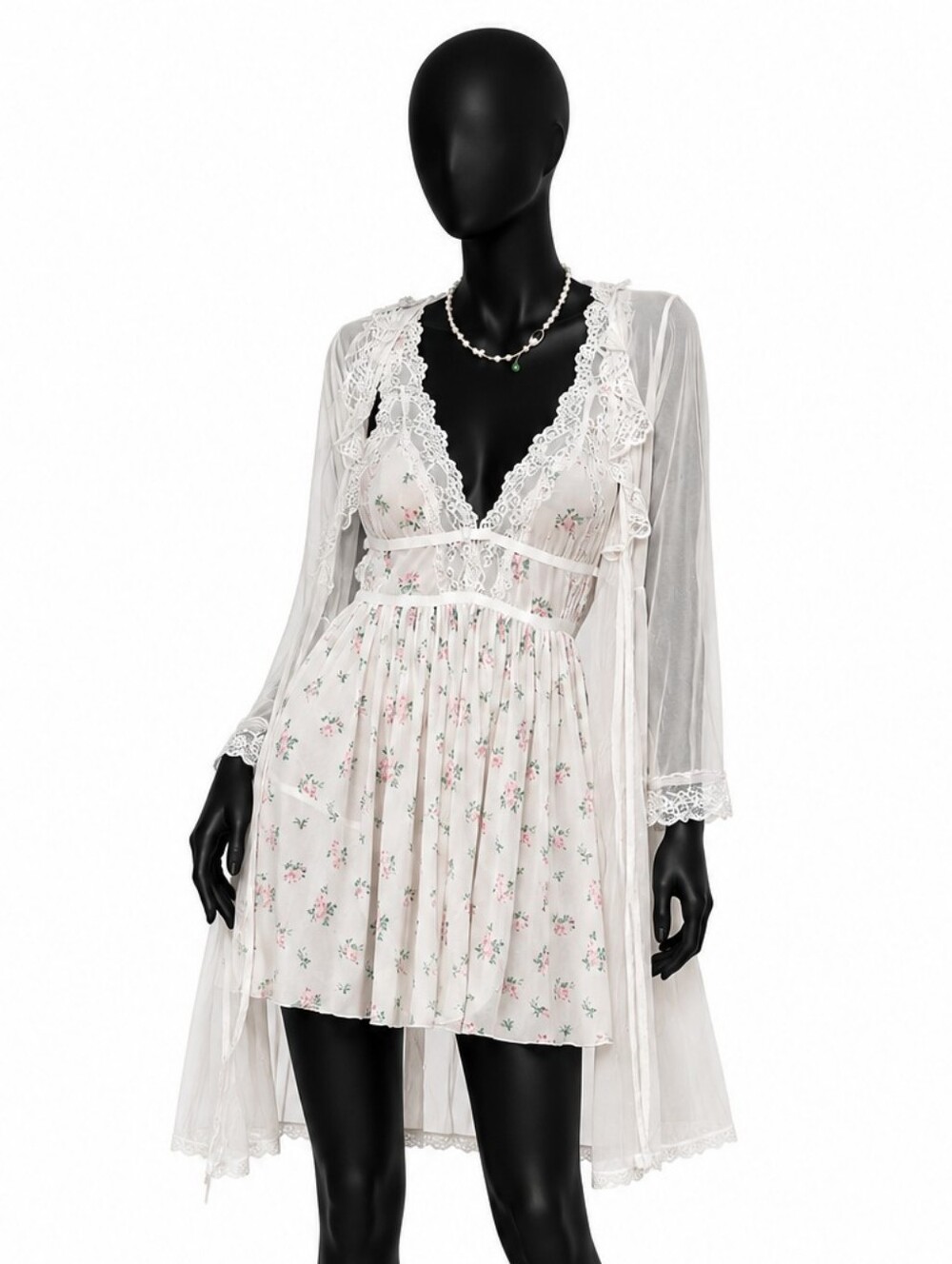 Mesh Floral Nightgown Set